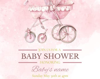 Peut inclure: Illustration à l'aquarelle d'une poussette rose sur fond rose. Le texte indique "Rejoignez-nous pour une baby shower en l'honneur du nom du bébé" avec les détails de la date et de l'adresse. Un nœud rose est en bas.