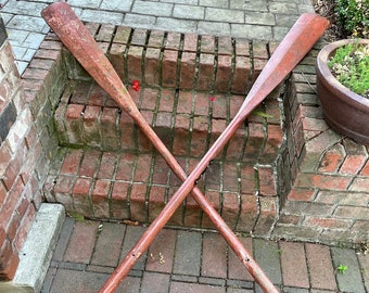 Two Antique Red Oars For The Beach House, Chippy Red Distressed Paddles Joined In The Middle, Beach House Nautical Decor at CastawaysHall