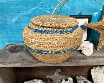 Vintage Small Round Woven Seagrass Basket with Sliding Lid, Woven Basket Handbag, Hook Rack Display Basket, Bohemian Decor at CastawaysHall