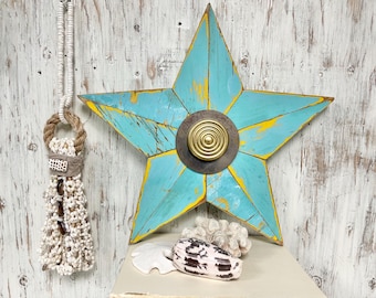Weathered Turquoise Wooden Star, Beach House Wall Art by CastawaysHall