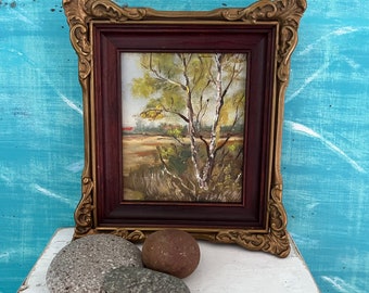 Framed Tree Landscape Painting: Vintage Ornate Gold Frame, Country Home Decor At CastawaysHall