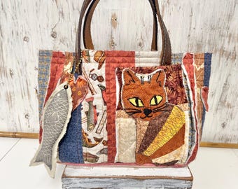 Smaller Quilted Floral Tote With Cat & Fish Theme, Handmade Project Bag