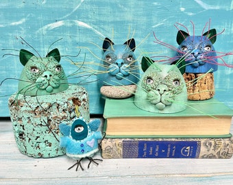 Little Cat Sculpture For the Cat Lover, Wooden Net Float Cat Shelf Sitter, Painted Kitten, Feline Folk Art, Cat Lover Gift at CastawaysHall