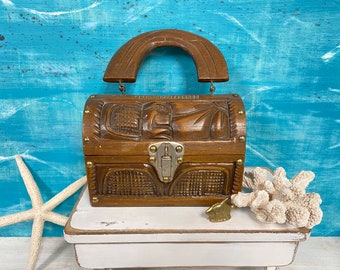 Carved Wooden Handbag Shaped Like a Lunch Box With A Domed Lid Box And Top Handle, Bohemian Style Purse or Jewelry Box at CastawaysHall