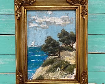 Original Seascape Painting: Windswept Sailboat, Ornate Gold Leaf Frame By CastawaysHall