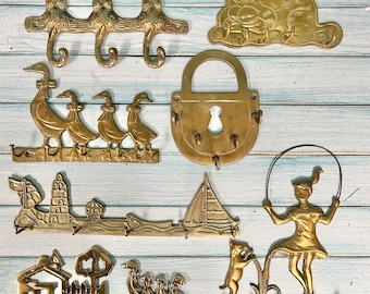 Vintage Brass Key Rack, Jewelry Necklace Holders, Cats Garfield Ducks Padlock Sailboat House Girls & Dog, Housewarming Gift at CastawaysHall