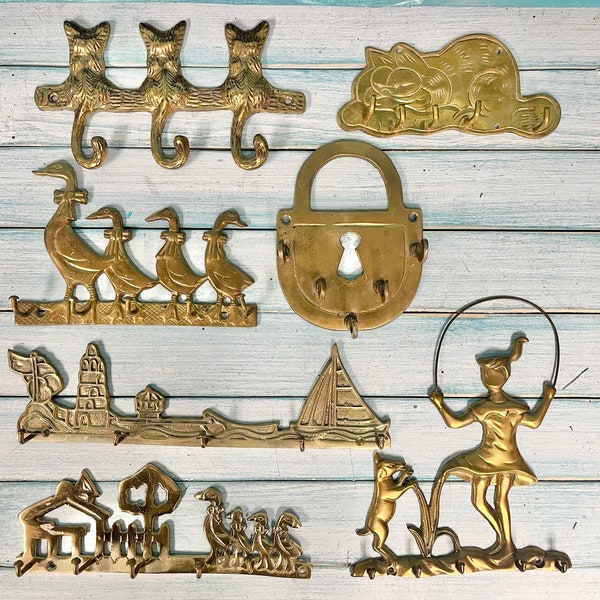 Vintage Brass Key Rack, Jewelry Necklace Holders, Cats Garfield Ducks Padlock Sailboat House Girls & Dog, Housewarming Gift at CastawaysHall