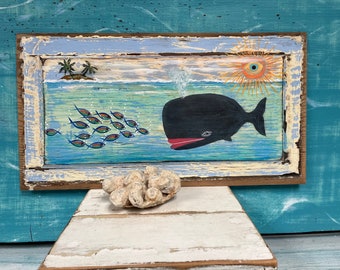 Original Painting of a Big Whale And A School of Fish by CastawaysHall, Asking For Directions, Folk Art Style Wall Art For The Beach House