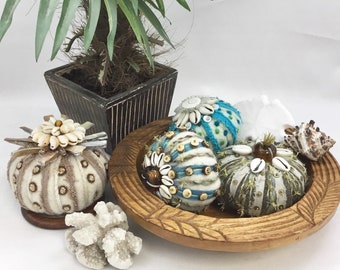 Wool Sea Urchin Sculpture: Vintage Recycled Wool, Beads & Seashell Art By CastawaysHall
