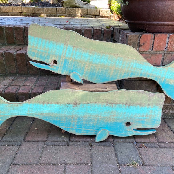 Wood Whale in Sea Glass Colours, ONE Turquoise Wooden Whale Sign, Coastal Folk Art Whale, Whale Art, Beach House Decor by CastawaysHall