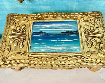 Original Seascape Painting on Vintage Gold Florentine Jewelry Box By CastawaysHall