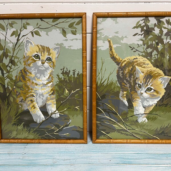 Vintage Paint By Number Kitten Paintings, Set of Two Tabby Cat Paint By Numbers, Cute Kitten Paintings in Bamboo Frames at CastawaysHall