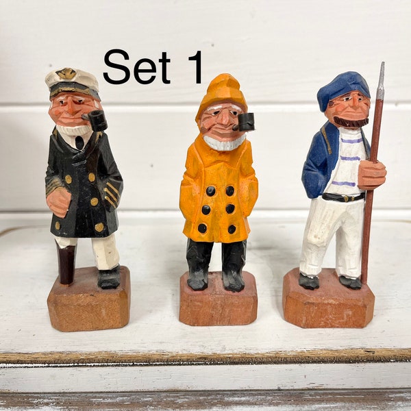 Vintage Carved Wooden Seamen, Set of 3, Wooden Sea Captain, Fisherman, Pirate, Sailor, Maritime Decor, Nautical Beach House at CastawaysHall