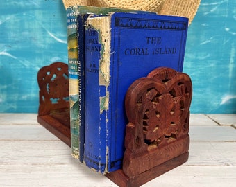 Vintage Wood Expanding Bookcase Carved With Flowers and Leaves, Folding and Expandable Bookends, Boho Style Decor at CastawaysHall