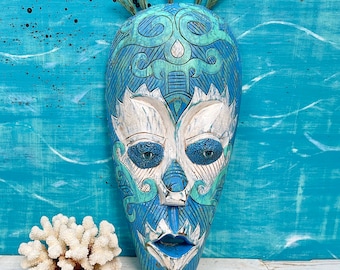 Large Carved Wooden Wall Mask In Turquoise For Tiki Bar Decor, Upcycled Wood Face, Tropical Polynesian Wall Hanging by CastawaysHall