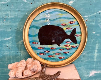 Original Primitive Folk Art Painting of a Black Whale And Gold Fish In Round Vintage Gold Frame For The Beach House by CastawaysHall