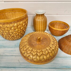 Vintage Woven Bamboo Baskets: Apple Basket with Lid, Onion Basket, Porcelain Vase At CastawaysHall image 4