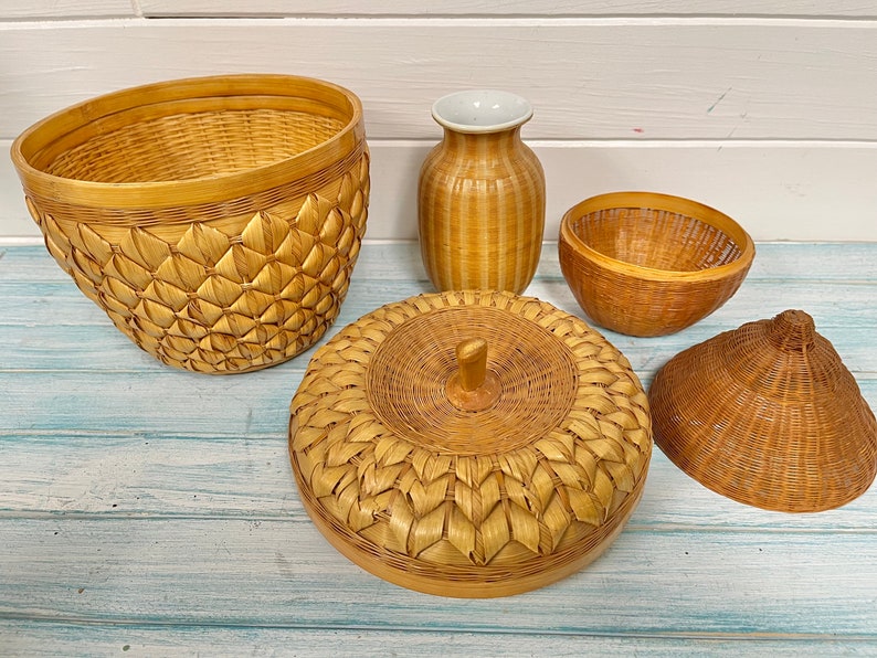 Vintage Woven Bamboo Baskets: Apple Basket with Lid, Onion Basket, Porcelain Vase At CastawaysHall image 4