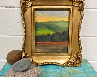 Vintage Small Original Sunset Painting, Autumn in the Country Oil Painting in Vintage Gold Frame, Landscape Lake House Art CastawaysHall