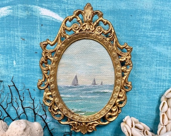 Vintage Small Original Sailboat Painting In Oval Gold Italian Metal Frame, Muted Colours Seascape For Beach House Wall Art at CastawaysHall