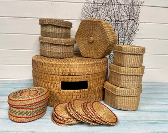 Woven Rattan Seagrass Baskets With Lids and Coasters, Set of 7 Boxes and 10 Coasters in a Basket, Boho Island Style Decor at CastawaysHall