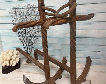 Vintage Rustic Anchor Andirons, Set of Two Rusty Anchor Fireplace Andirons, Nautical Beach House Decor, Handmade Andirons at CastawaysHall