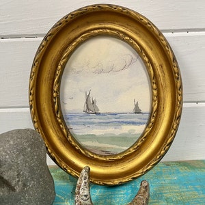 Charming Nautical Watercolour Painting: Sailboats on the Seascape, Vintage Gold Oval Frame, Perfect Beach House Gift Art, at CastawaysHall