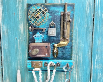 Assemblage Art Key Rack, Oddity Jewelry Hook Rack, Vintage Eyes and Hardware Assemblage Art, Curiosity Cabinet Oddity Decor by CastawaysHall