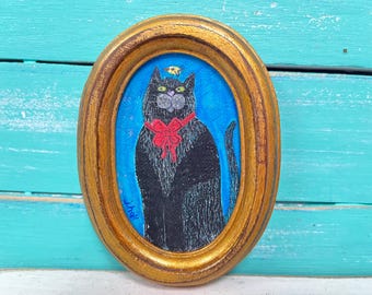 Mini Black Cat Painting In Gold Oval Frame For The Cat Lover