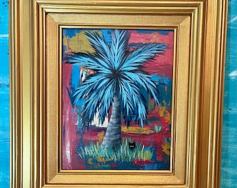 Original Palm Tree and Black Cat Modern Art Painting In Vintage Gold Frame,  Colourful Abstract Contemporary Wall Art by CastawaysHall