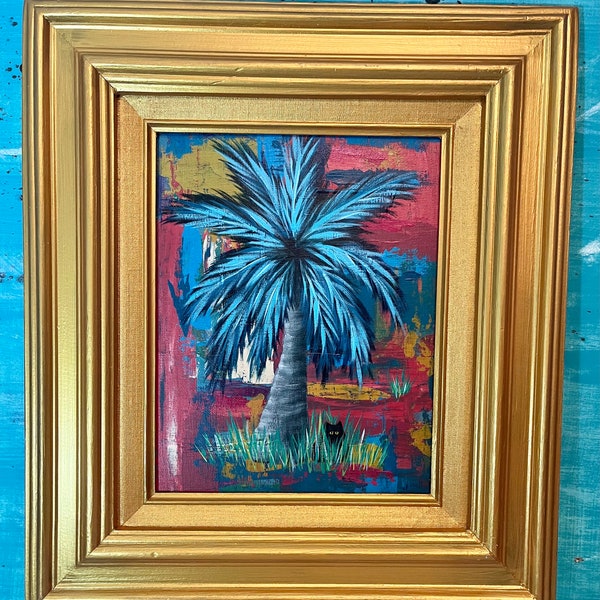 Original Palm Tree and Black Cat Modern Art Painting In Vintage Gold Frame,  Colourful Abstract Contemporary Wall Art by CastawaysHall