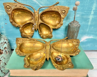 Vintage Brass Butterfly Dish, Set of Two Brass Coin Tray, Moth Trinket Dish, Curiosity Decor Ornament, Brass Insect Oddity at CastawaysHall