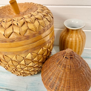 May include: Three woven baskets made of natural materials. The largest basket is shaped like an apple and has a lid. The middle basket is a tall vase with a brown and white striped pattern. The smallest basket is a cone shape.