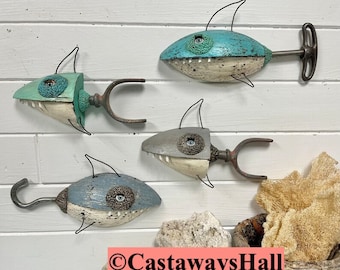 Wooden Shark Wall Art Sculpture, One Wood Net Float Assemblage Wall Hanging, Quirky Shark Lover Gift, Beach House Folk Art by CastawaysHall