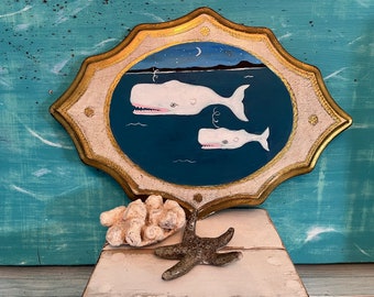 Original Folk Art Painting of a Two White Whales Under a Starry Sky On A Vintage Florentine Plaque, Beach House Decor by CastawaysHall,