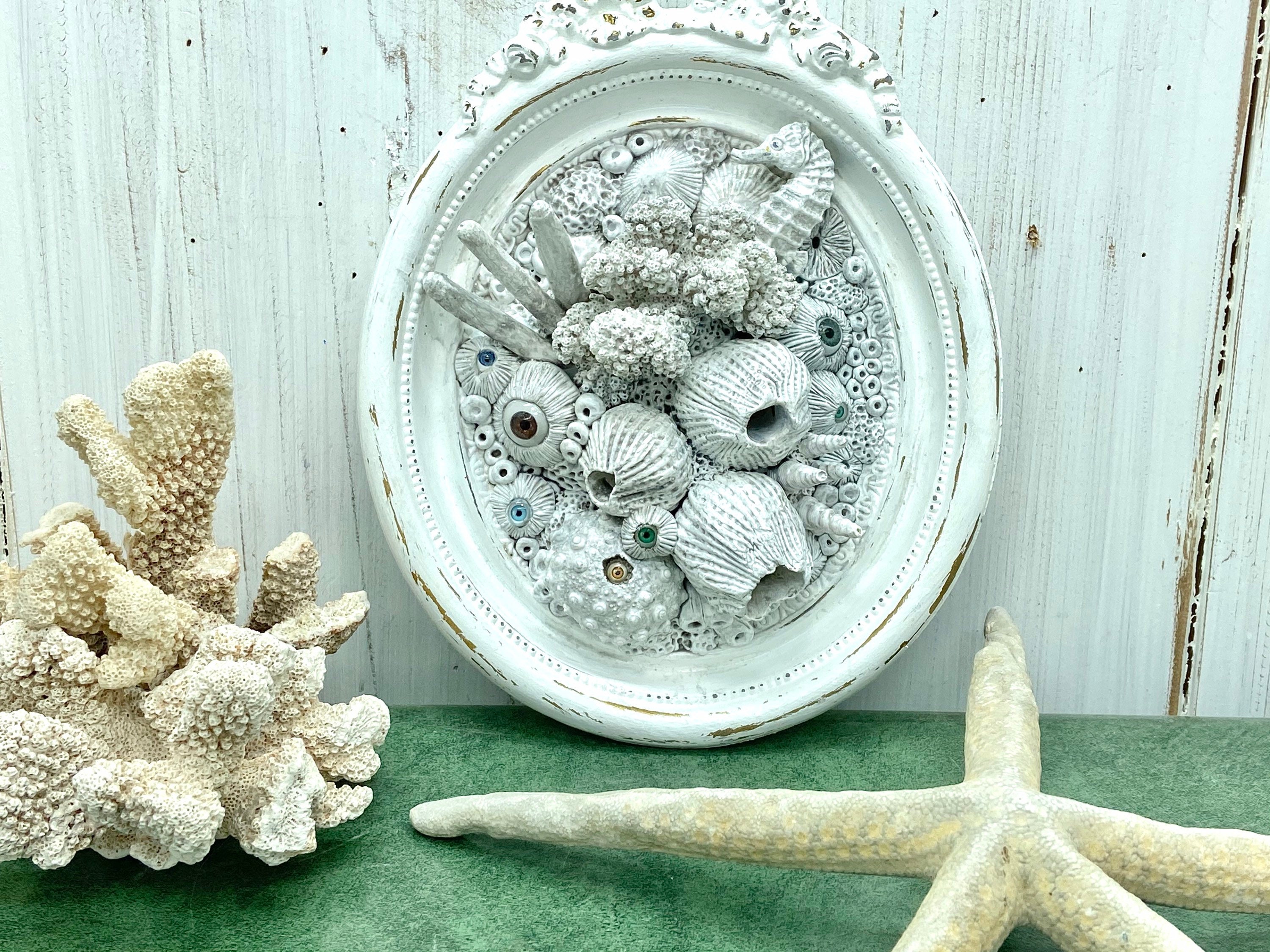 Coral Reef Wall Sculpture By CastawaysHall, Sculpted Clay Barnacles & Seahorse Plaque, Coastal Oddity and Curiosity Art at CastawaysHall