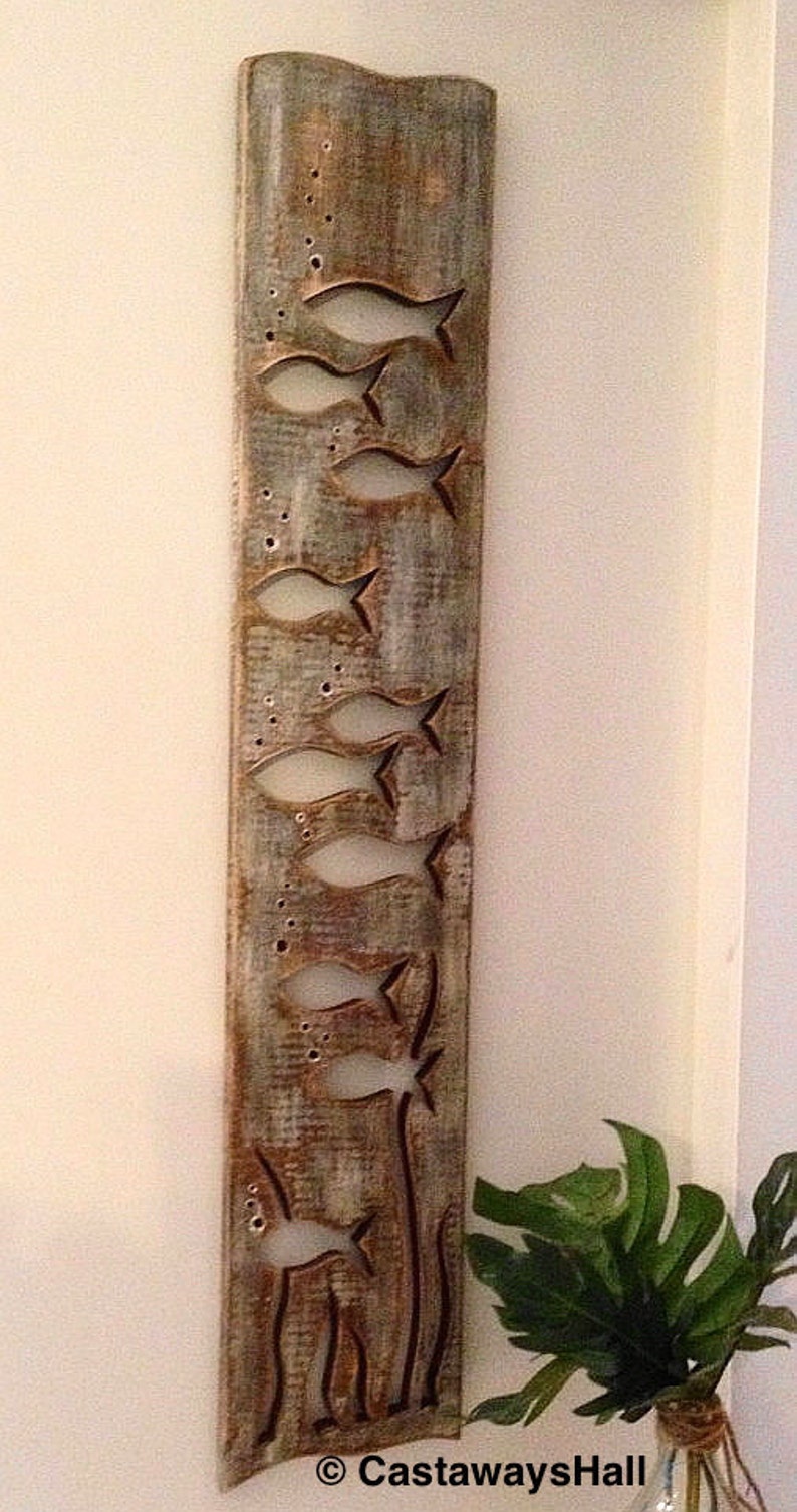Wood School of Fish Art Panel Sign Wall Decor Vertical Etsy