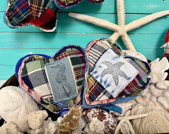 Peg Hanger Hearts In Vintage Plaid and Wool Fabric, Coastal Farmhouse Decor