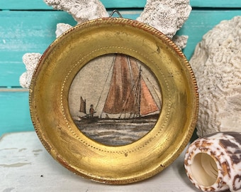 Mini Sailboat Watercolour Painting in Gold Italian Frame, For The Beach House