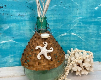 Vintage Blown Glass Demijohn, Woven Rattan, Ceramic Starfish, Beach House Decor