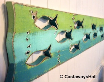 CastawaysHall Wood Fish Wall Hanging, Handmade Horizontal Wood School of Fish, Turquoise, Natural OR Driftwood Colours, Beach House Gift