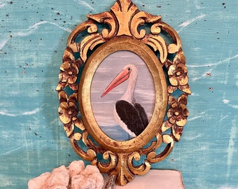 Original Pelican Painting In A Carved Vintage Oval Gold Frame, The Smirking Pelican,  Beach House Wall Art by CastawaysHall, Bird Lover Gift