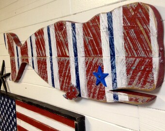 Patriotic Wood Whale Wall Art, American Flag Beach House Sign, Red White & Blue  Painted Wooden Whale, July 4 Nautical Gift by CastawaysHall