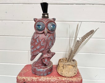 Carved Wooden Owl Sculpture In Red and Turquoise, Hootowl With Vintage Doll Eyes,  Eclectic Folk Art Oddity Curiosity Decor at CastawaysHall