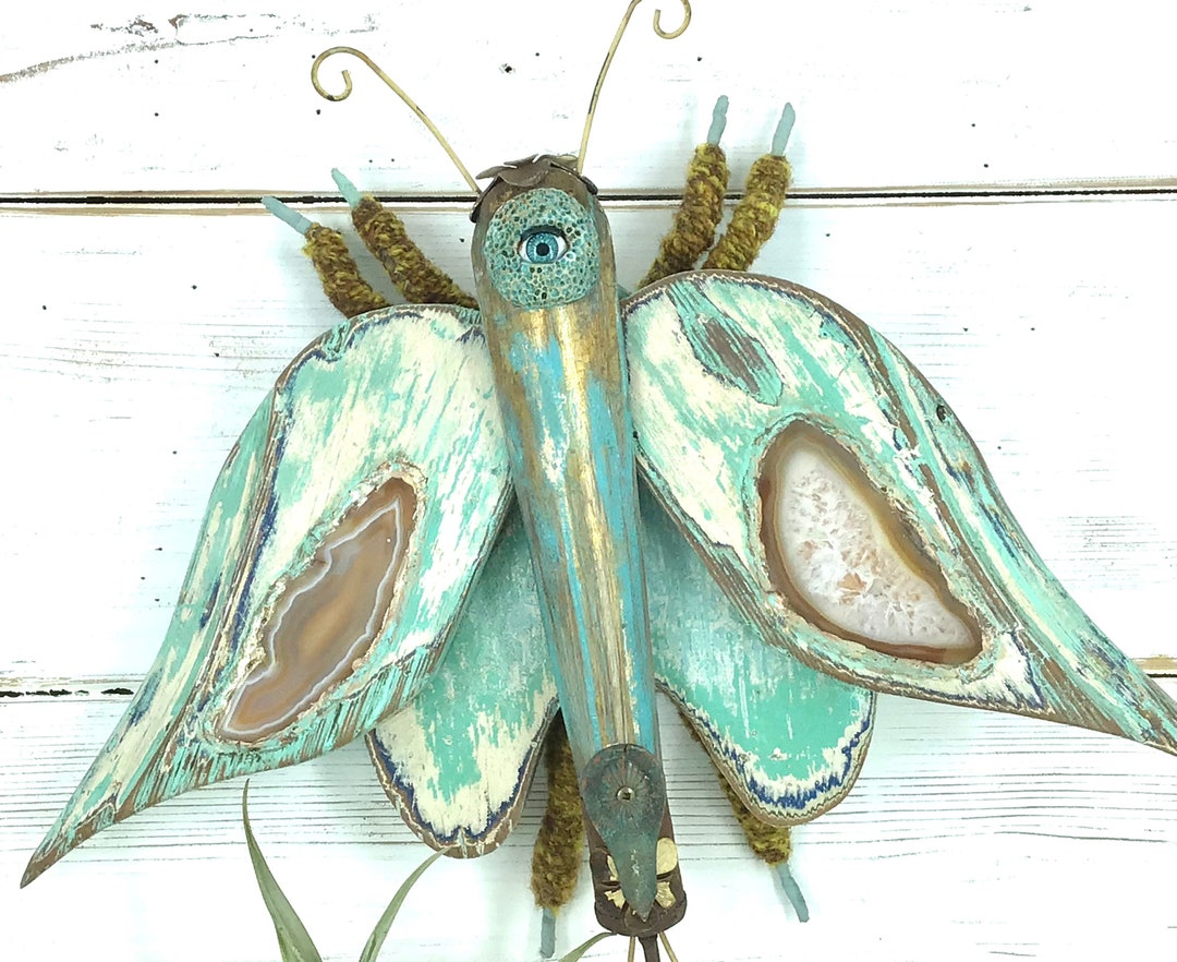 Wooden Moth Wall Art Sculpture: Agate Wings, One-eyed Oddity Decor by ...