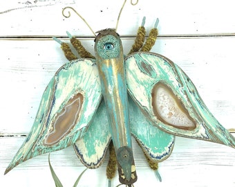 Wooden Moth Doll Wall Sculpture Art, Insect Collector Gift, Oddities & Curiosity Decor, One Eyed Butterfly And Agate Wings at CastawaysHall