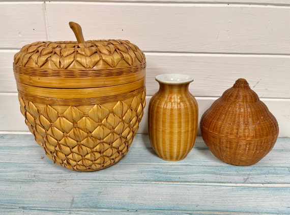 Vintage Woven Bamboo Baskets: Apple Basket with Lid, Onion Basket, Porcelain Vase At CastawaysHall
