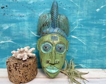 Carved Wooden Wall Mask, Upcycled Painted Wood Face Tropical Polynesian Tiki Bar Patio Decor at CastawaysHall