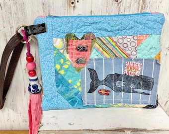 Quilted Zippered Artisan Pouch With Whales & Fish, Leather Wrist Strap, Ceramic Bag Charm