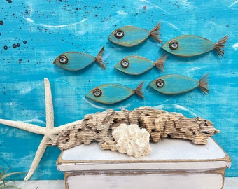 Wood School of Minnow Fish in Layered Turquoise Colours, Wooden Fish Art, Wood Minnows Set of 6, Beach House Wall Art Decor by CastawaysHall